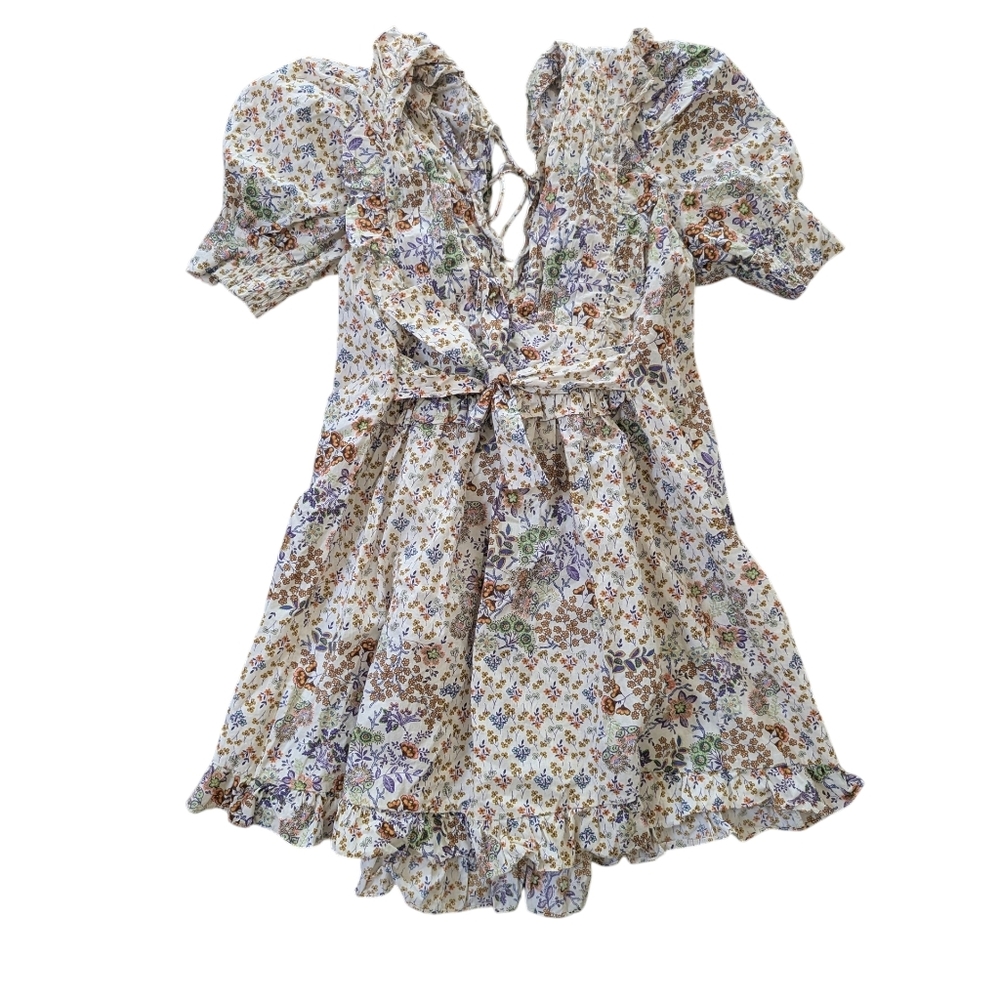 Karlie Floral Mini Dress in White with Brown, Green, and Purple Accents